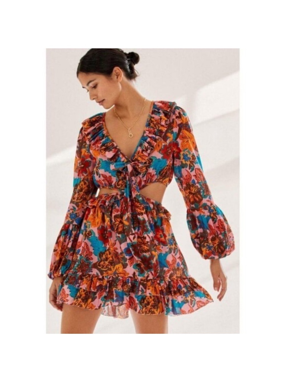 Tie-Front Floral Ruffle Mini Dress in Multicolor